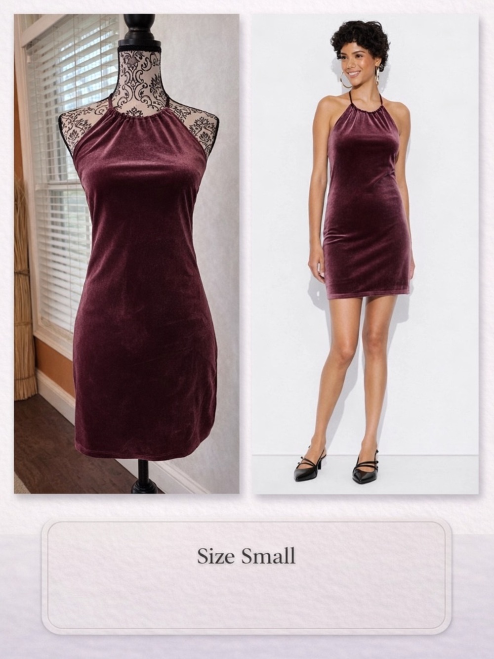 Burgundy Velvet Halter Mini Dress Size Small | Holiday Party - Picture 4 of 7